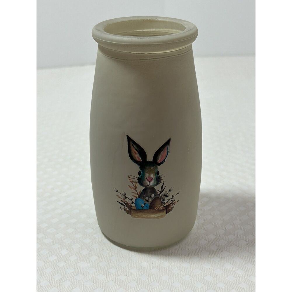 Hand Painted Cottage Core Glass‎ Jar Vase With Easter Spring Bunny Rabbit Decal